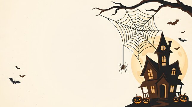 Spooky haunted mansion with spider webs and bats under a full moon for halloween background design