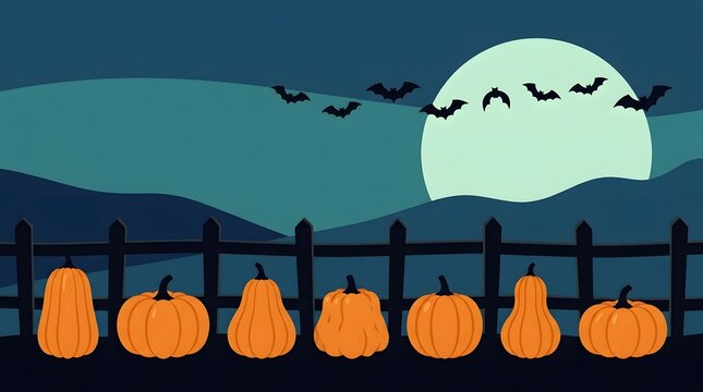 A row of orange pumpkins in front of a wooden fence under a full moon