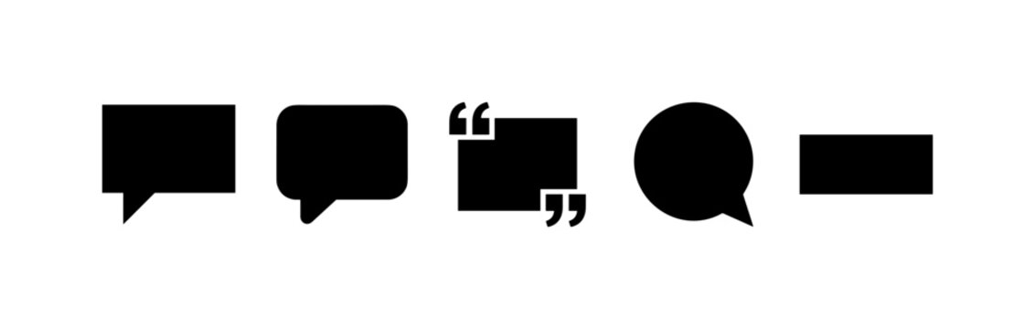 Minimal Speech Bubbles, solid glyph icon set featuring rectangular speech bubble, rounded message box, quote frame, circular comment, caption panel, covering quotes, messages, presentations, social
