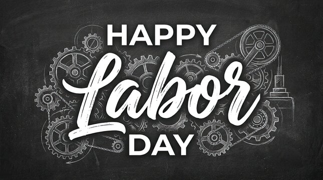 Happy labor day greeting card design with white chalk lettering on a black chalkboard background illustration