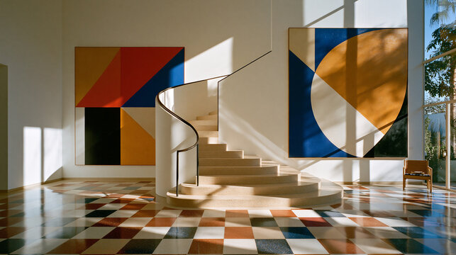 Sculptural white staircase in colorful postmodern gallery interior