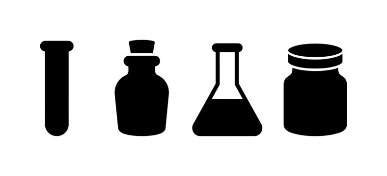 Fantasy Potion Bottles, solid glyph icon set featuring potion vial, cork bottle, laboratory flask, healing elixir, poison bottle, mana tube, alchemy jar, magic drop, covering game UI, fantasy,