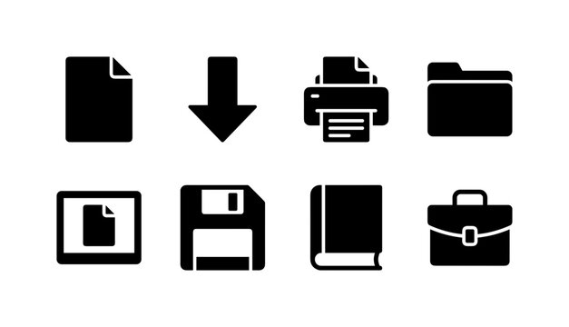 PDF Document Actions, solid glyph icon set featuring document page, download arrow, print button, archive folder, reader screen, save icon, manual, file portfolio, covering PDF files, document