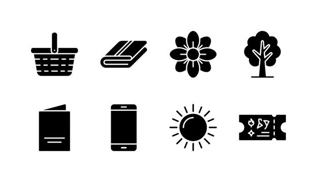 Picnic Poster Toolkit, solid glyph icon set featuring picnic basket, blanket, flower, park tree, invitation card, phone, sun and festival ticket, covering summer picnics, park events, invitations and