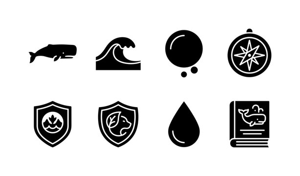 Sperm Whale Collection, solid glyph icon set featuring sperm whale silhouette, ocean wave, air bubble, nautical compass, marine badge, conservation shield, water drop and encyclopedia book, covering