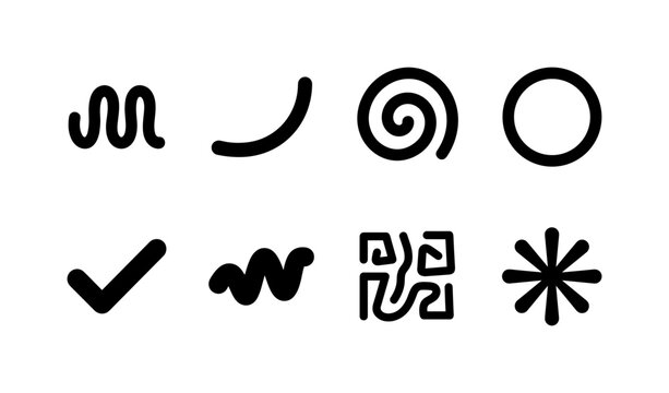 Playful Line Patterns, solid glyph icon set featuring squiggle, curve, swirl, circle, tick, organic wave, geometric doodle, carnival mark, covering children&rsquo;s patterns, parties, abstract design,