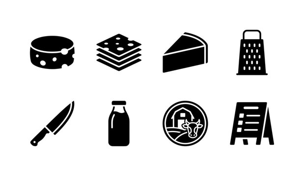 Cheese Wheel Selection, solid glyph icon set featuring cheese wheel, sliced cheese, cheese wedge, grater, knife, dairy bottle, farm badge and menu board, covering dairy products, food packaging,