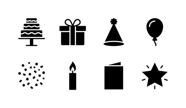 Birthday Celebration Symbols, solid glyph icon set featuring cake, gift box, party hat, balloon, confetti, candle, greeting card and celebration star, covering birthdays, anniversaries, parties,