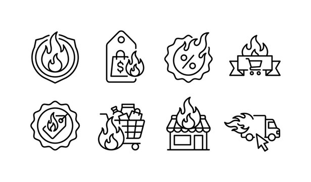 Black Friday Fire, line icon set featuring flame badge, hot sale tag, discount sticker, shopping banner, price seal, clearance icon, retail flame, covering Black Friday, ecommerce, promotions, retail,