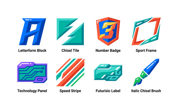 Italic Chisel Typography, bright flat vector icon set featuring slanted letterform block, chisel tile, number badge, sport frame, technology panel, speed stripe and futuristic label, covering italic