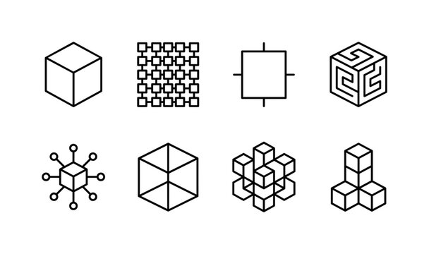 Digital Box Geometry, line icon set featuring cube, square mesh, grid cell, labyrinth block, network node, wireframe box and geometric structure, covering abstract technology, digital science,