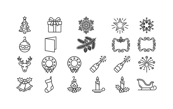 Classic Holiday Templates, line icon set featuring tree, gift, snowflake, star, ornament, greeting card, winter branch, festive frame, covering Christmas, New Year, holiday templates, websites, social