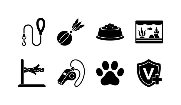 Pet Care Activities, solid glyph icon set featuring dog leash, cat toy, pet bowl, aquarium, bird perch, training whistle, paw print, veterinary shield, covering pet care, training, play, domestic