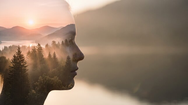 Human head silhouette filled with peaceful forest landscape, trees, mountains and sunrise inside, double exposure silhouette