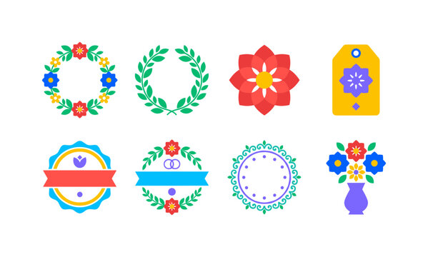 Geometric Floral Labels, bright flat vector icon set featuring floral wreath, leaf frame, geometric flower, boutique tag, cosmetic label, wedding emblem, circular border, covering fashion branding,