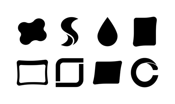 Liquid Corporate Shapes, solid glyph icon set featuring fluid blob, abstract wave, dynamic droplet, page panel, banner card, geometric frame and presentation tile, covering corporate identity,