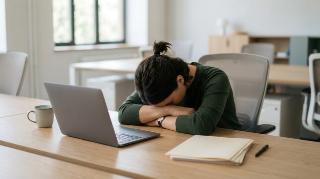 Exhausted Person Sleeping On Office Desk With Laptop