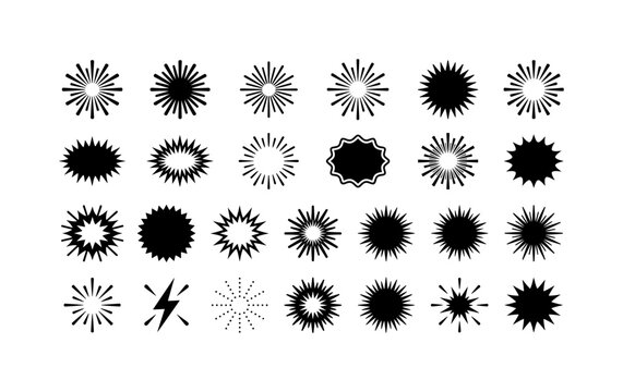 Yellow Comic Sunbursts, solid glyph icon set featuring radial burst, sunburst, starburst, comic rays, explosion badge, retro frame, energy flare, spotlight rays, flash symbol, poster burst, covering