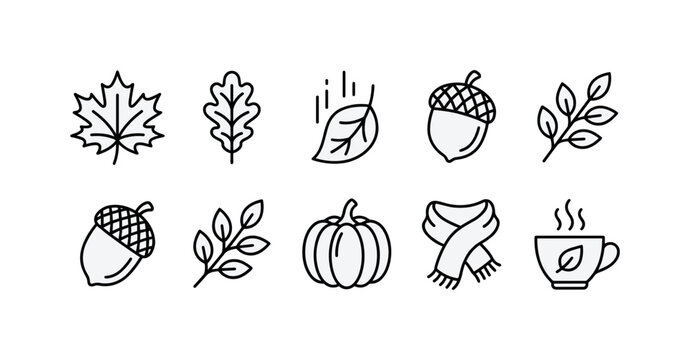 Autumn Leaf Border, line icon set featuring maple leaf, oak leaf, falling leaf, acorn, branch, pumpkin, scarf and autumn cup, covering fall season, autumn decoration, seasonal advertising, greeting