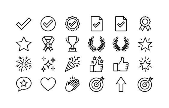 Enthusiastic Approval Symbols, line icon set featuring check mark, celebration burst, approval badge, success star, positive bubble, confirmed card, trophy, spark, vote mark, happy symbol, covering