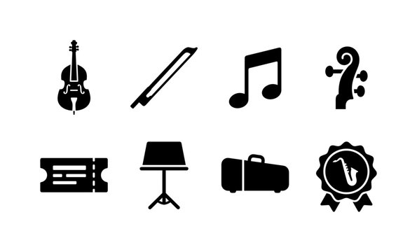 Double Bass Music, solid glyph icon set featuring double bass, bow, music note, tuning peg, concert ticket, orchestra stand, instrument case and jazz badge, covering classical music, jazz, orchestras