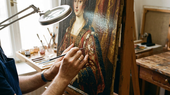 Man art restorer painting on old canvas portrait of woman with brush. Professional restoring ancient oil painting on easel in workshop. Skillful craftsmanship, heritage conservation.
