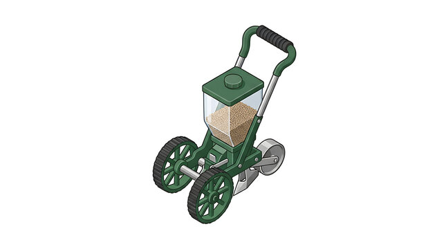 Manual push seeder tool isometric icon for agricultural planting and small scale garden maintenance