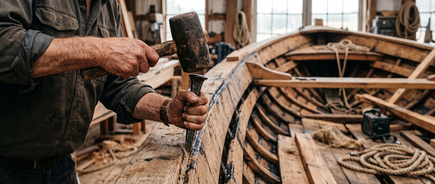 Shipwright using chisel and mallet to caulk wooden boat. Master craftsman working on traditional timber vessel in shipyard. Concept of manual woodworking, carpentry and boat building.