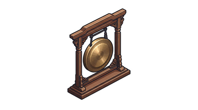Isometric wooden stand supporting traditional metal circular gong musical instrument for cultural