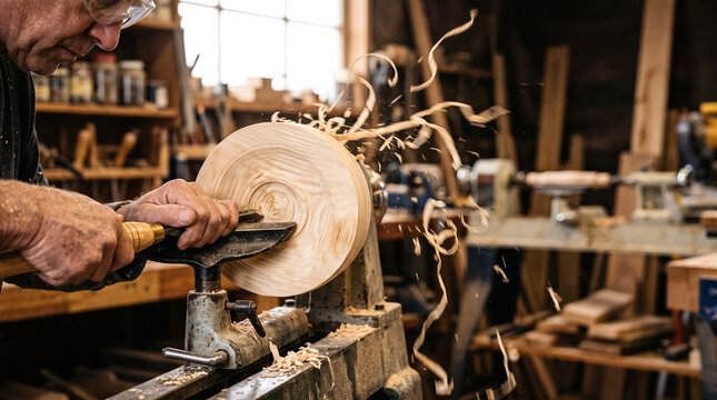 Man woodturner shaping circular piece of timber on lathe in workshop. Skilled artisan using chisel for creative woodworking. Traditional craftsmanship and hobby craft concept.
