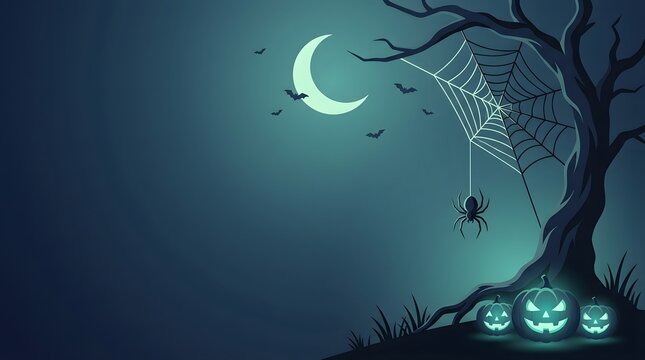 Spooky halloween night scene with glowing pumpkins under a crescent moon and a dark bare tree