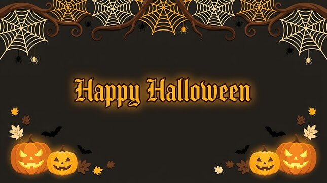 Happy halloween greeting card design with spider webs and carved jack o lantern pumpkins on black