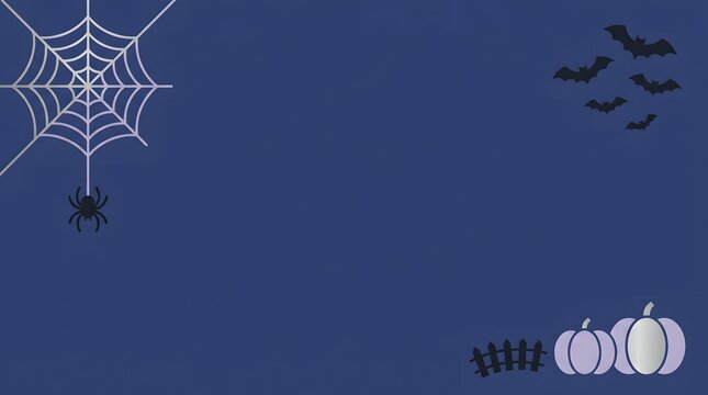 Halloween background with spider web bats and pumpkins on a dark blue festive backdrop