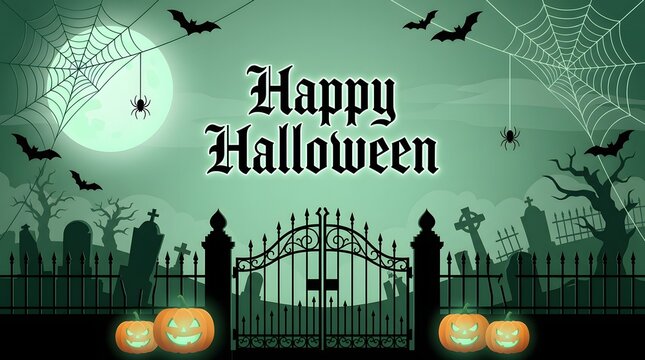 Spooky halloween background featuring a glowing full moon graveyard iron gate and flying bats at night