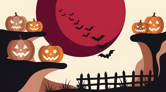 Spooky halloween background featuring glowing jack o lanterns and a large dark red full moon