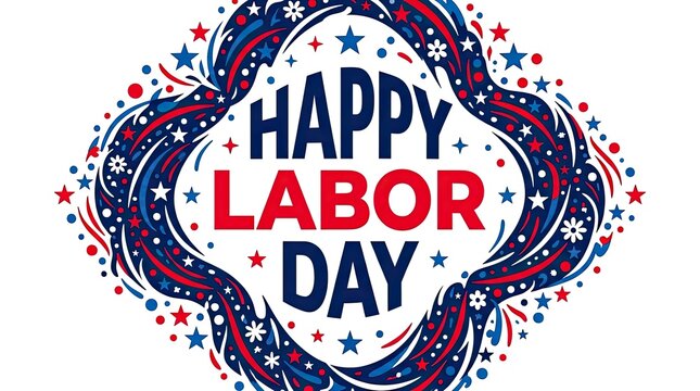 Festive happy labor day greeting card design with colorful decorative swirls and stars on white background
