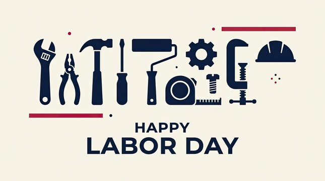 Happy labor day greeting card design featuring a collection of professional construction tools and equipment icons