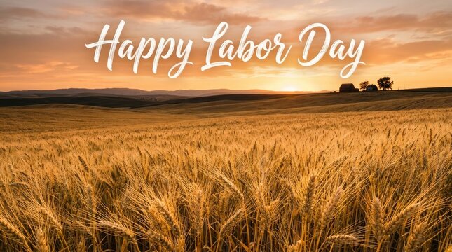 Beautiful golden wheat field at sunset with a festive greeting for the labor day holiday season