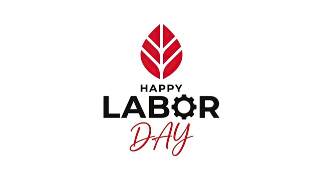 Minimalist happy labor day greeting card design featuring a stylized red industrial gear icon on white background