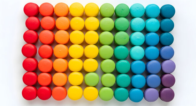 Top view of a perfect square grid of colorful french macarons arranged in a beautiful rainbow spectrum pattern
