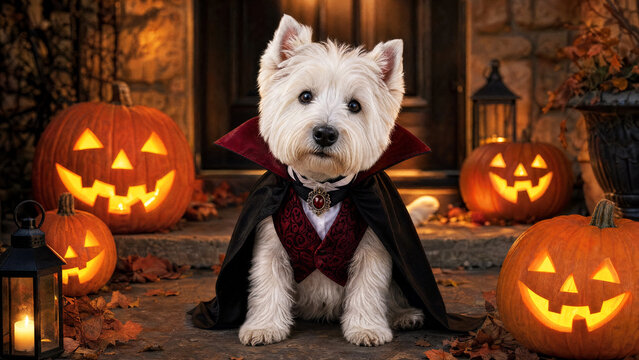 West Highland White Terrier in vampire costume sitting with glowing Halloween pumpkins on porch