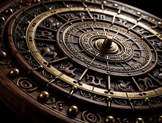 Fototapeta premium Close up of a detailed wooden and brass astrolabe with zodiac signs. Ancient celestial navigation device shows astrological symbols and cycles. Intricate circular object.