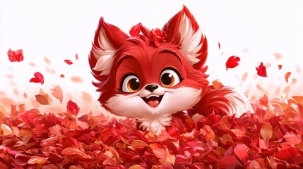 Naklejka premium A cheerful fox with big eyes jumps joyfully among red and orange leaves in a lively forest area under clear skies.
