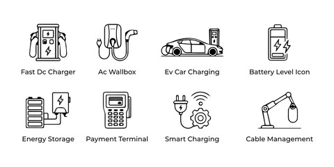 Fototapeta premium EV charging station, fast charger, battery level, energy storage icon