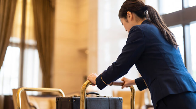 ホテルで荷物カートを押す女性ベルスタッフの接客イメージ