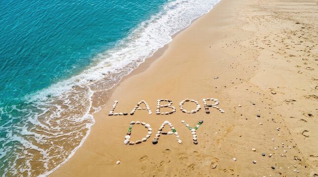 Aerial view of a beautiful sandy beach with the words labor day written in the sand