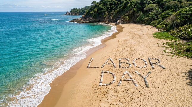 Beautiful tropical beach scene featuring the words labor day written in the sand for a holiday celebration