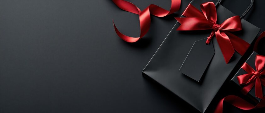 Bold holiday shopping concept matte black gift boxes adorned with crimson satin bows and blank tag on dark background. Wide banner composition with generous copy space for promotional text.