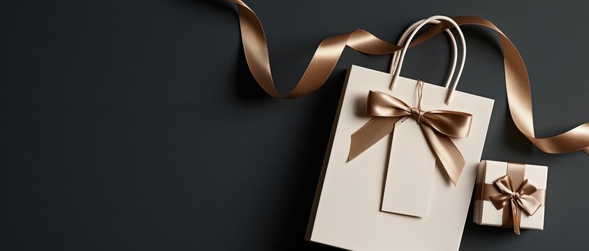 Elegant cream shopping bag tied with bronze satin bow beside wrapped gift box on dark background. Perfect for luxury retail, holiday campaigns, Black Friday promotions, and premium gifting.