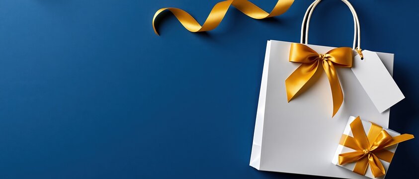 Elegant white shopping bag tied with a satin gold bow and blank tag on deep cobalt blue. Ideal for holiday campaigns, retail promotions, or premium gifting brand visuals with generous copy.